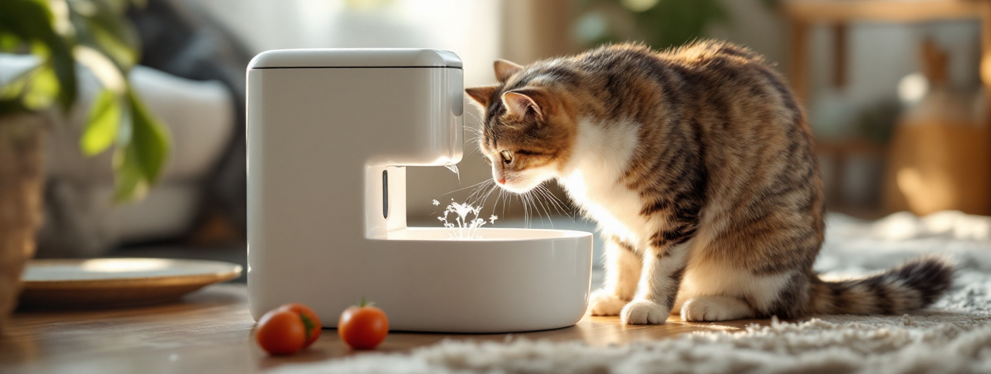 Katze trinkt aus einem modernen Trinkbrunnen